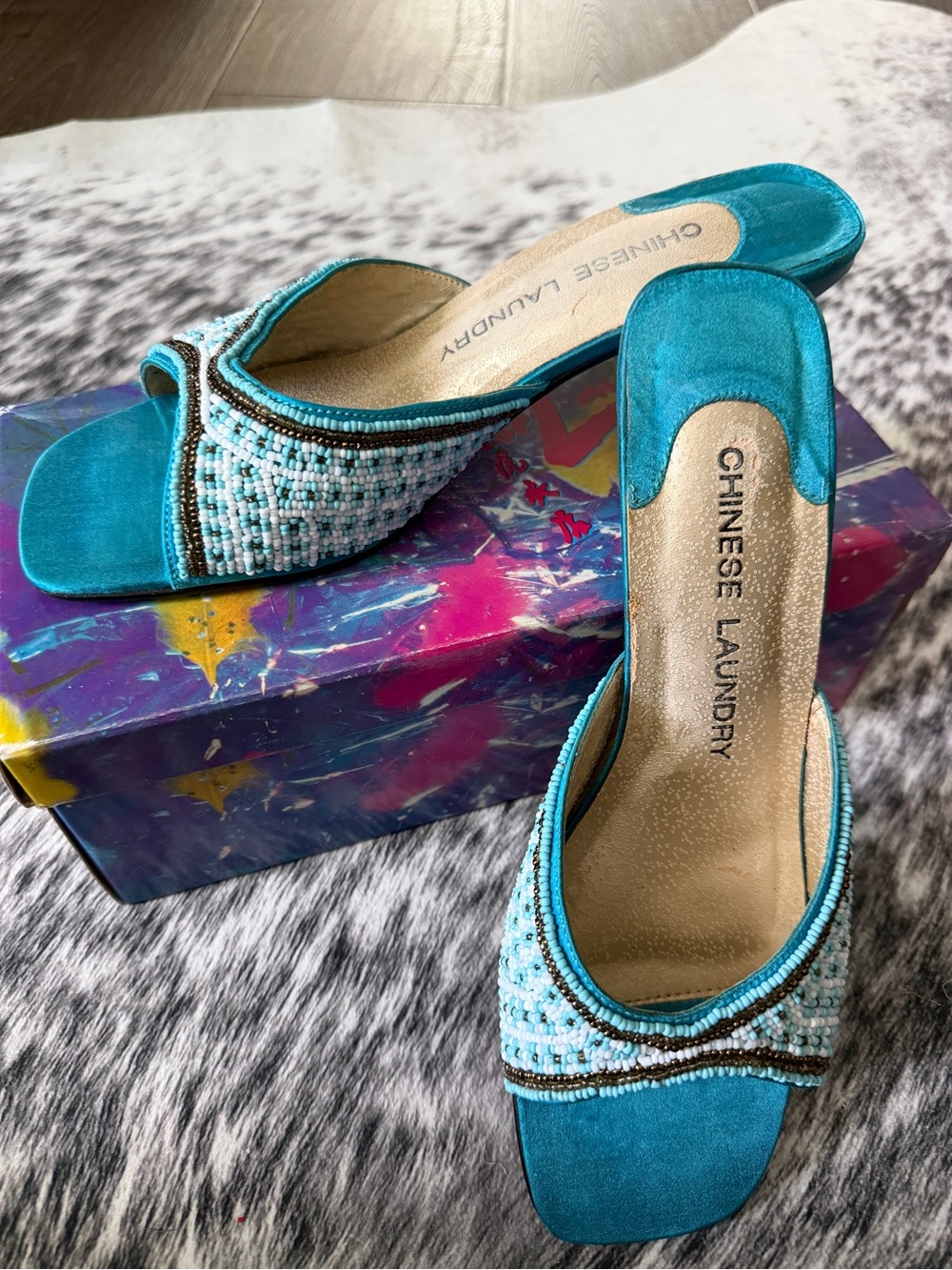 Chinese Laundry Teal Beaded Mules